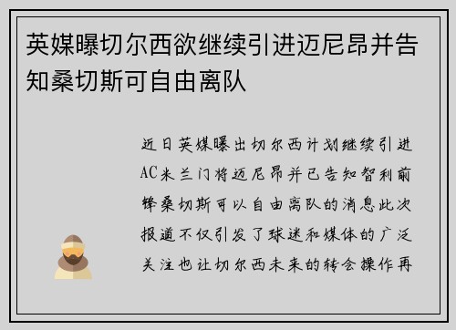 英媒曝切尔西欲继续引进迈尼昂并告知桑切斯可自由离队