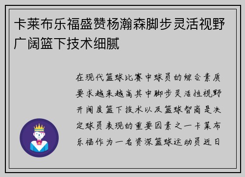 卡莱布乐福盛赞杨瀚森脚步灵活视野广阔篮下技术细腻