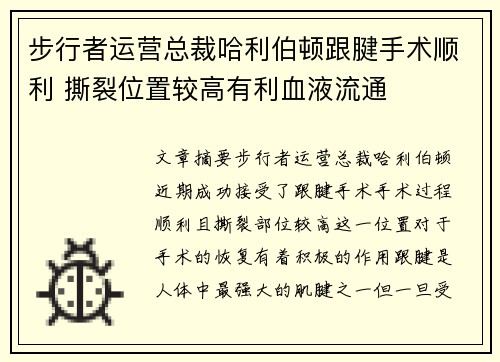 步行者运营总裁哈利伯顿跟腱手术顺利 撕裂位置较高有利血液流通